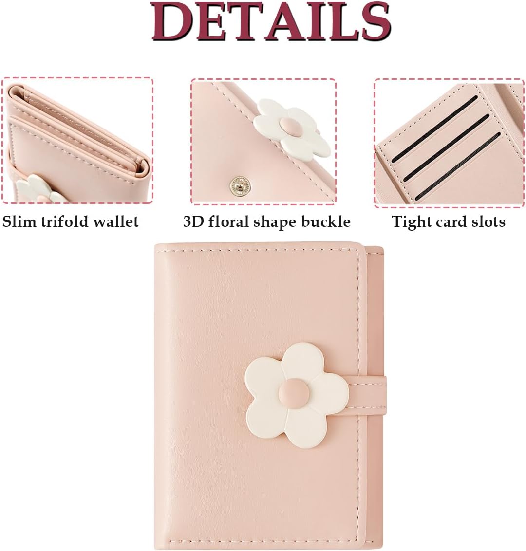 Sunwel Fashion Small Cute Wallet Slim Wallet ID/Photo Window Card Holder with 3D Flower Pattern Buckle for Women Girls (PINK)