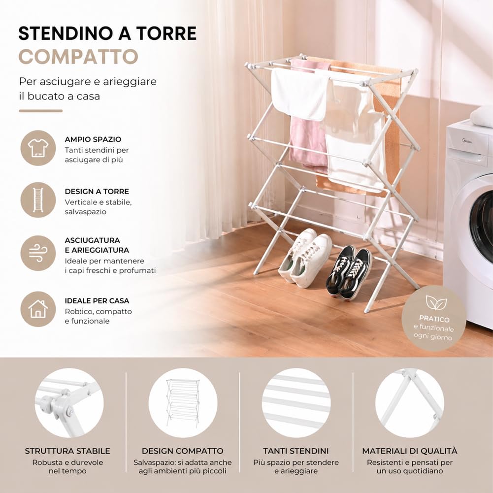 BAKAJI Stendibiancheria Verticale Pieghevole Salvaspazio da Interno ed Esterno, Stendino a Torre in Metallo Multiuso, Struttura Stabile e Resistente, Supporto per Panni Asciugatura Omogenea