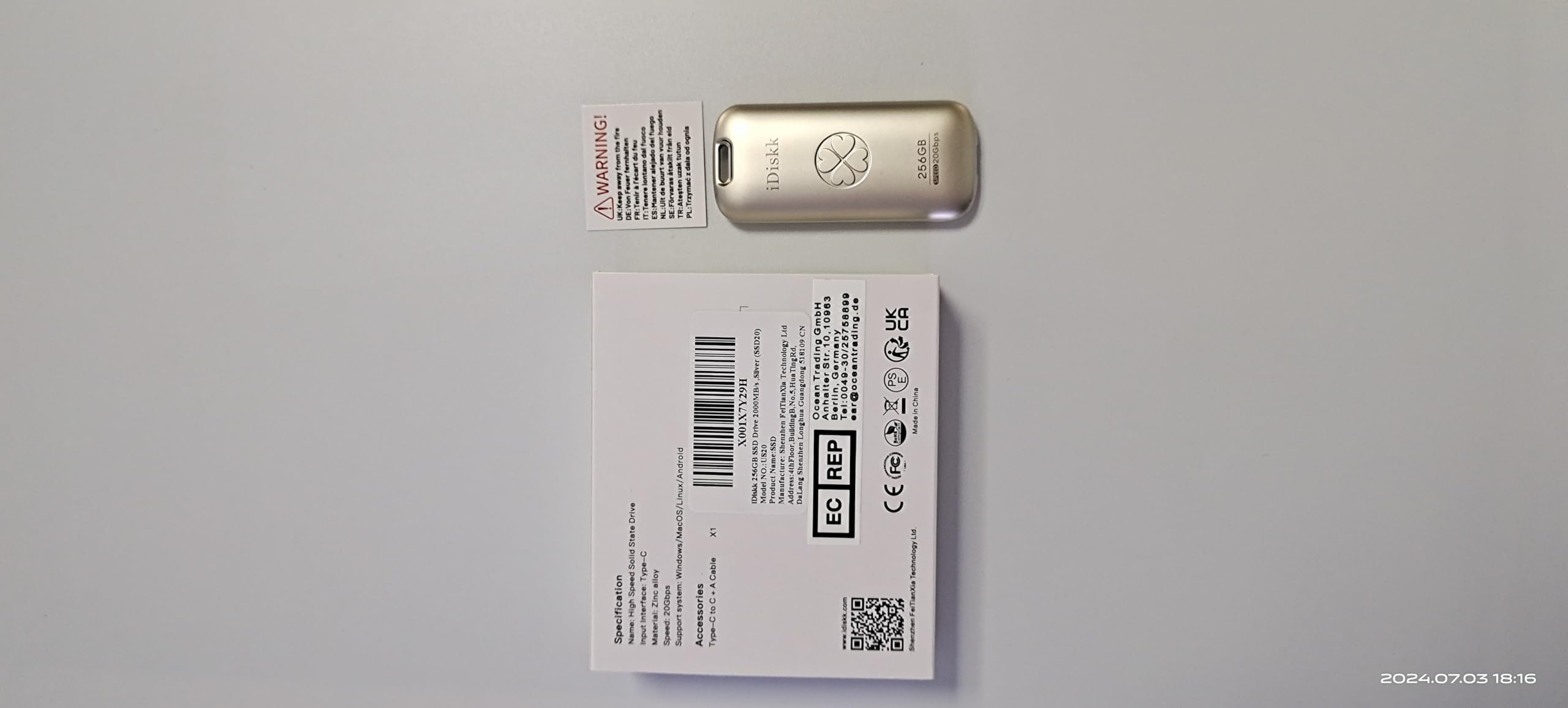 iDiskk Unità a stato solido esterna da 512 GB fino a 2000 MB/s, USB 3.2 Gen 2x2