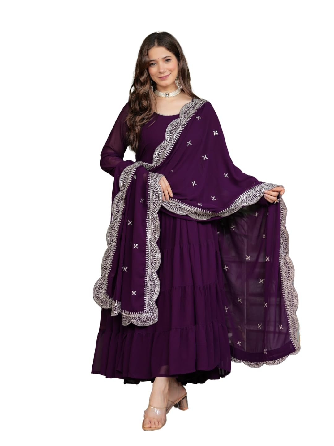 Purple Embroidered Kurta with Lace Detailing, Long Gown with Dupatta