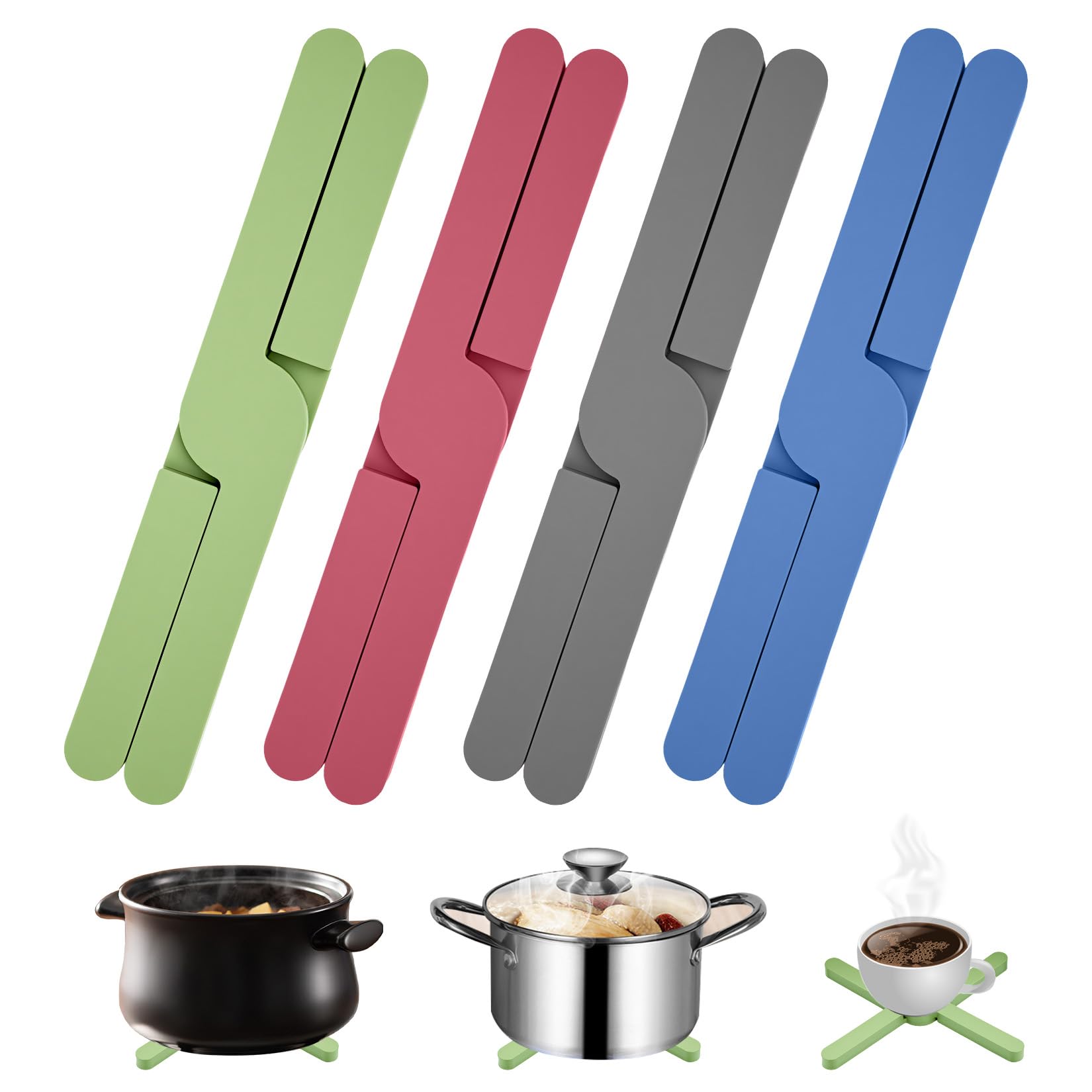 Thirtyseven Black, Blue, Green, And Vintage Red 4 Pcs Folding Silicone Trivets, Ssilicone Trivets For Kitchen Worktops, Foldable Heat Resistant Worktop Protectors Heat Resistant Stretch Folding Silicone Trivet For Hot Pot And Pans Dishes Plates