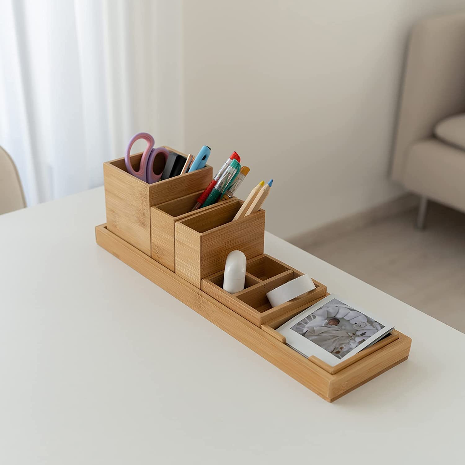 Bambus Badezimmertablett Set, 6-teilig verstellbares Schminktisch & Toilettentank Tablett, Kosmetik Organizer, Stifthalter, Bürobedarf, DIY-Dekoration