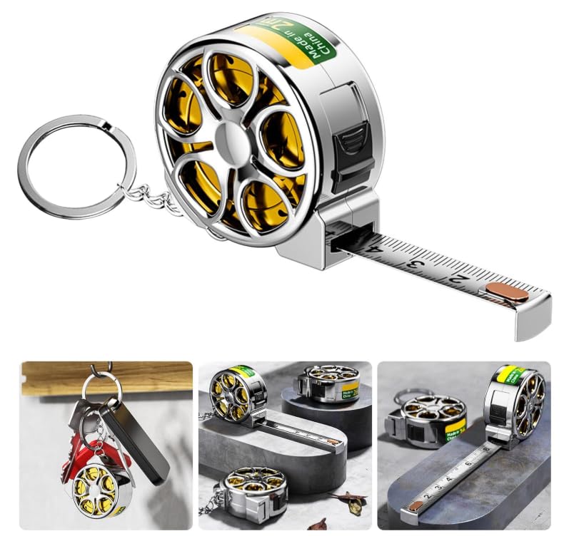 Mini Wheeled Retractable Measuring Tape Keychain with Centimeter Scale, Stainless Steel Measuring Tool (Gold)