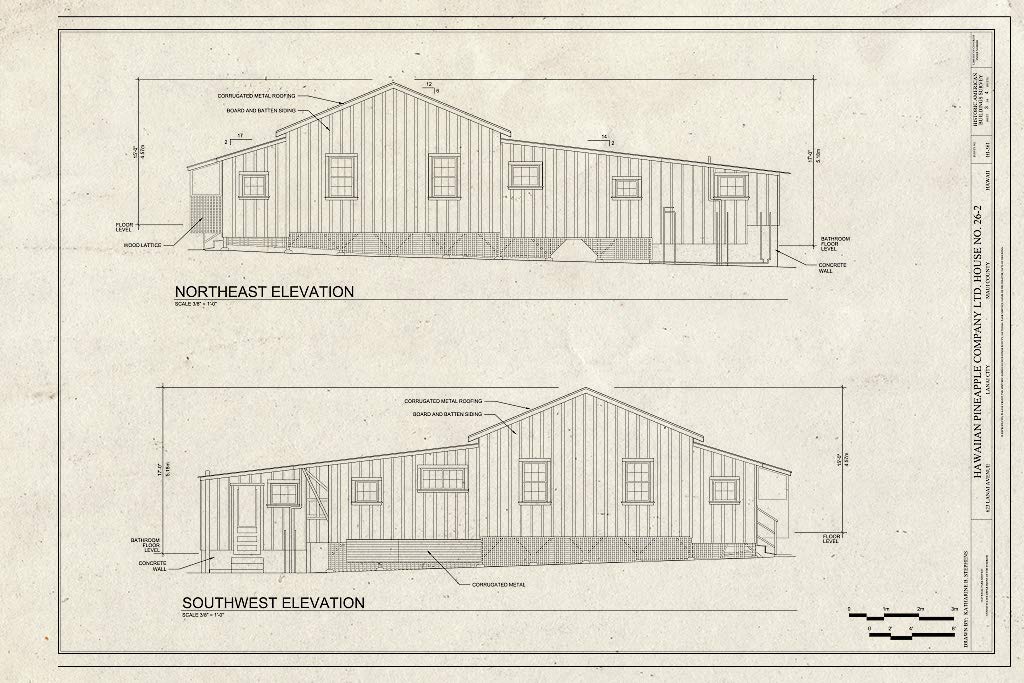 Historic PictoricBlueprint Northeast and Southwest Elevations - Hawaiian Pineapple Company (HAPCO) Ltd. House No. 26-2, 623 Lanai Avenue, Lanai City, Maui County, HI 24in x 16in