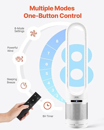 Miniatura 4 de VEVOR Ventilador de torre sin aspas, ventilador de piso de velocidad de 15.4 piess que sopla aire frío, ventiladores oscilantes de 80 de 8