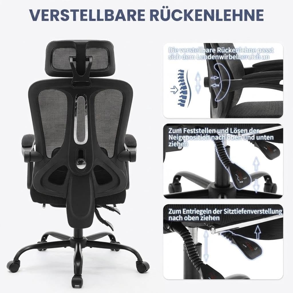 Ergonomischer Bürostuhl Mit Fußstütze, Hoher Mesh-Rücken Schwarz
