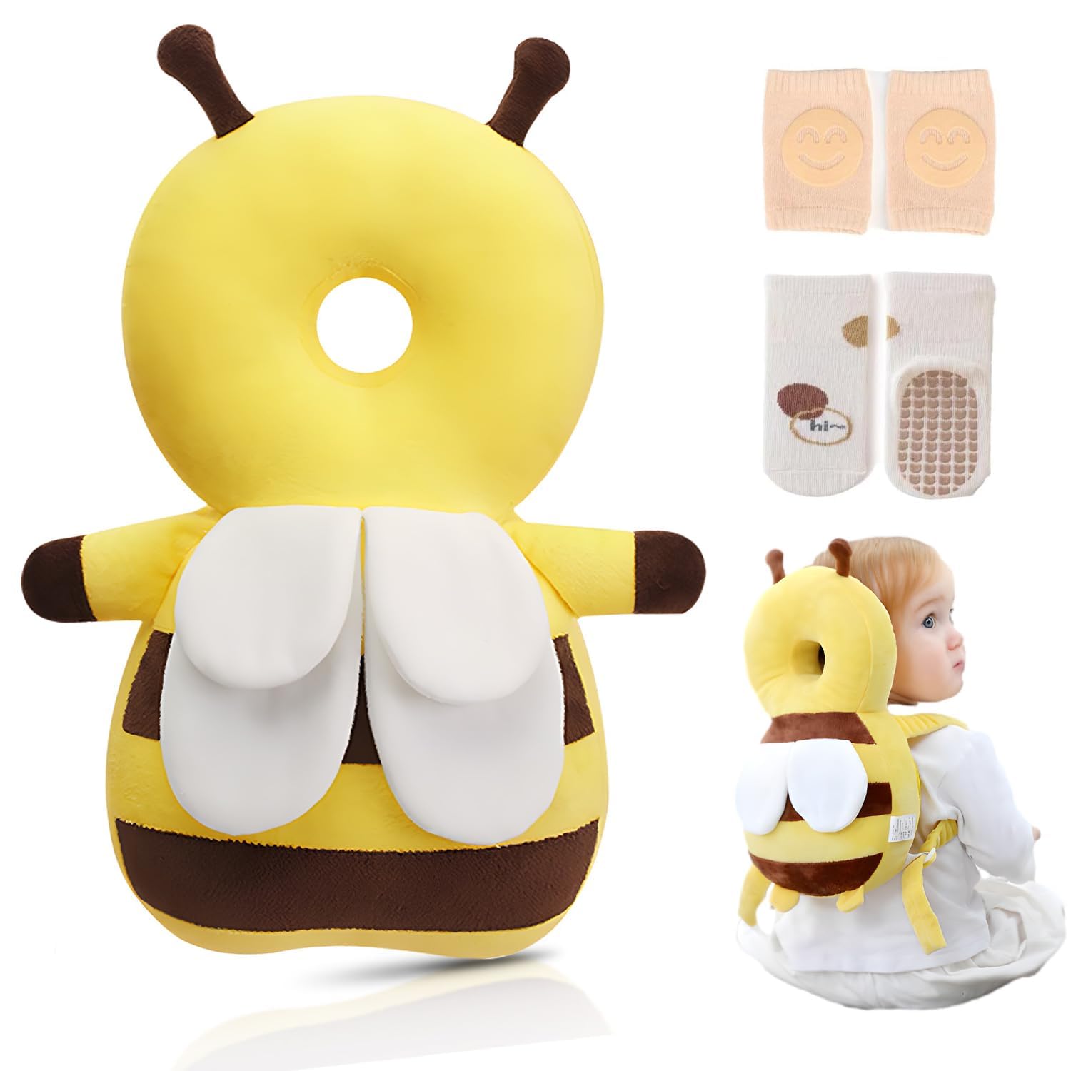 Viondra Baby Head Protector Backpack Toddler Walking Head Protection Pillow Adjustable Baby Back Cushion Soft Infant Head Support Set with Knee Pads and Socks Suitable for 5-24 Months (Bee) — image 1