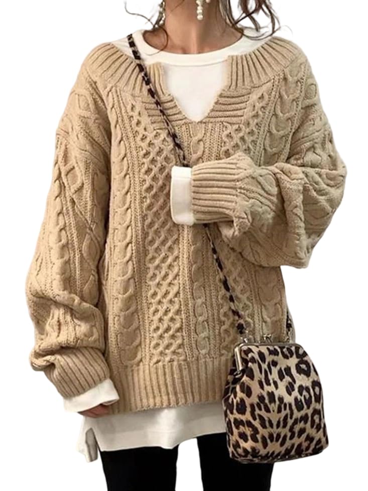 Winter Warm Chunky Cable Knit V Neck Sweater for Women Long Sleeve Loose Solid Oversized Pullover Top
