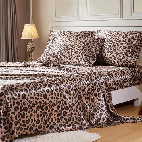 Image of MR&HM Satin Bed Sheets with Elastic Corner Straps, King Size Sheets Set, 6 Pcs Silky Bedding Set with 15 Inches Deep Pocket for Mattress (King, Brown Leopard)