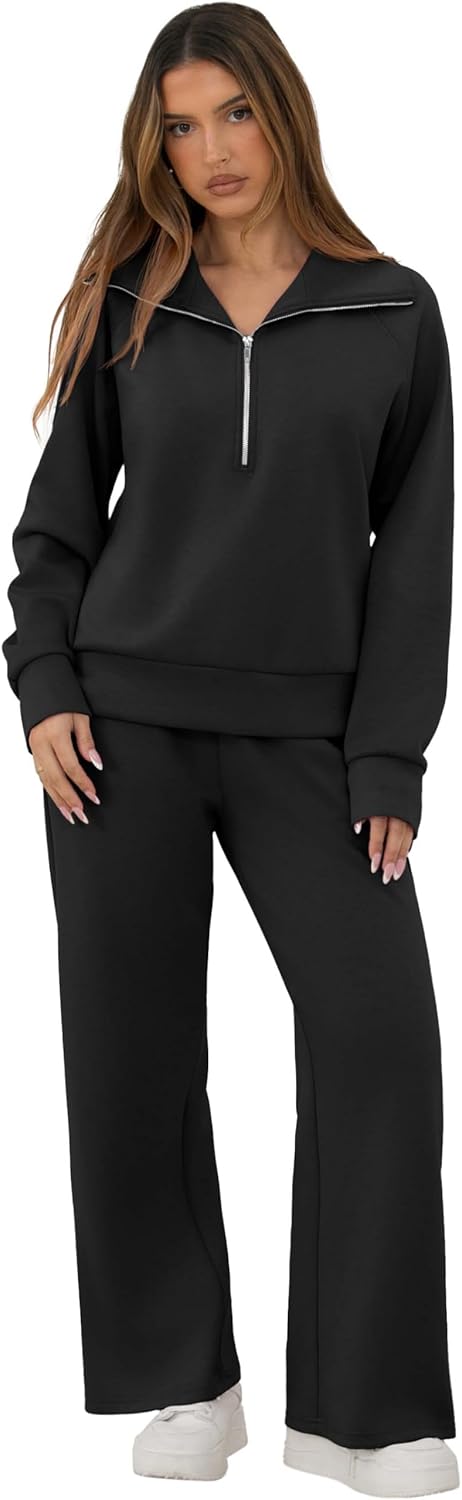 GRECERELLE Lounge Sets For Women 2026 Casual Lapel Half Zip Sweatshirt And Wide Leg Sweatpant 2 Piece Outfits Tracksuit Sets - Image 3