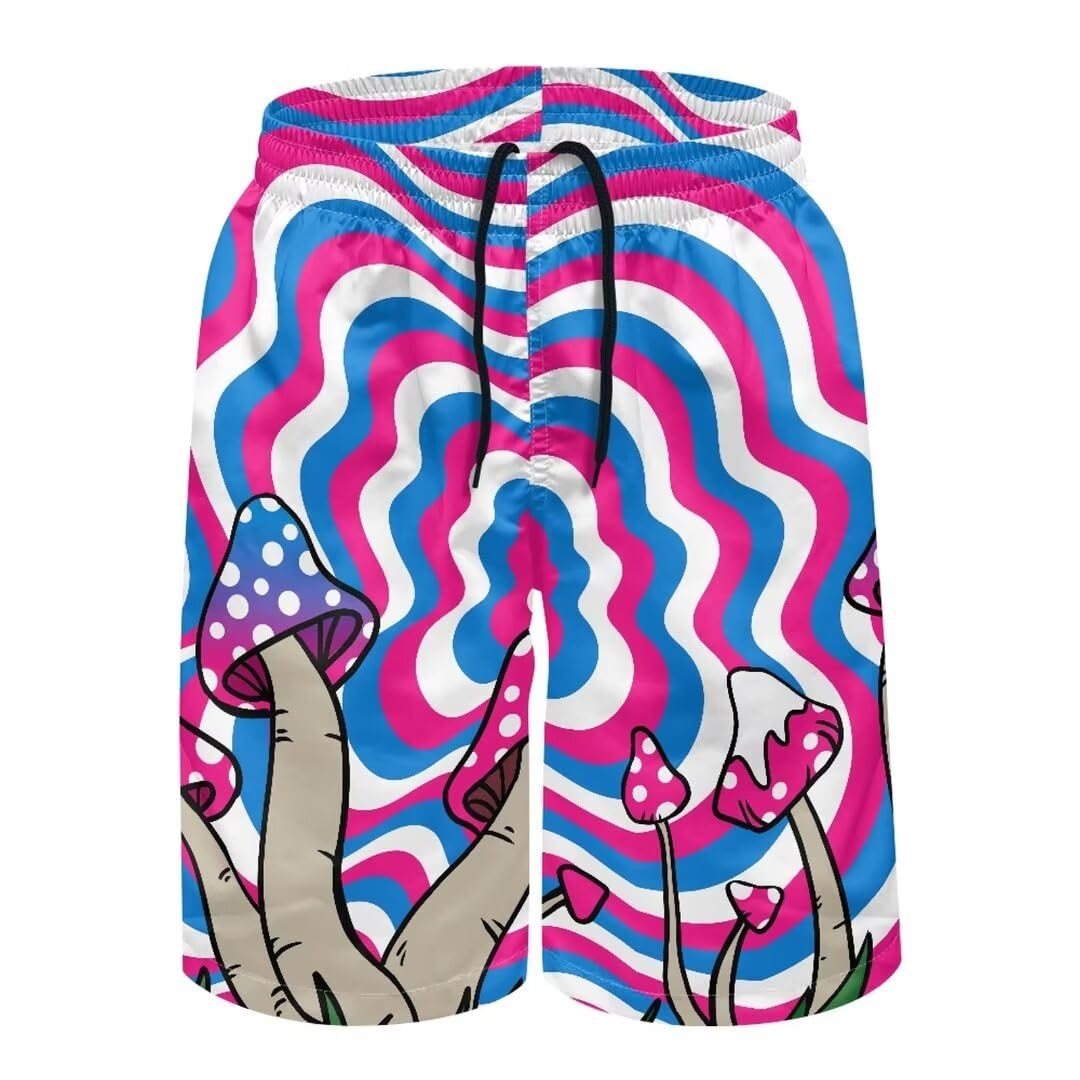 Hawapod Pink Mushroom Printed Mens Bathing Suit Bottoms with 2 Pocket Lightweight Quick Dry Swim Shorts for Big Guys Drawstring