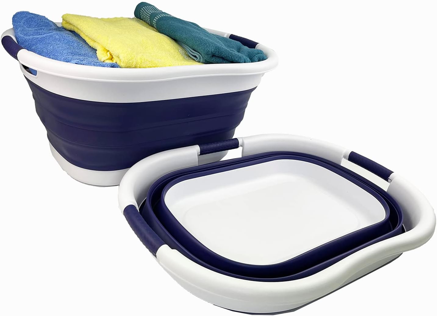 SAMMART Set of 2 Collapsible 3 handled Plastic Laundry Basket-Oval Tub/Basket-Foldable Storage Container/Organizer-Portable Washing Tub-Space Saving Laundry Hamper (40L Oval-White/Navy Blue)