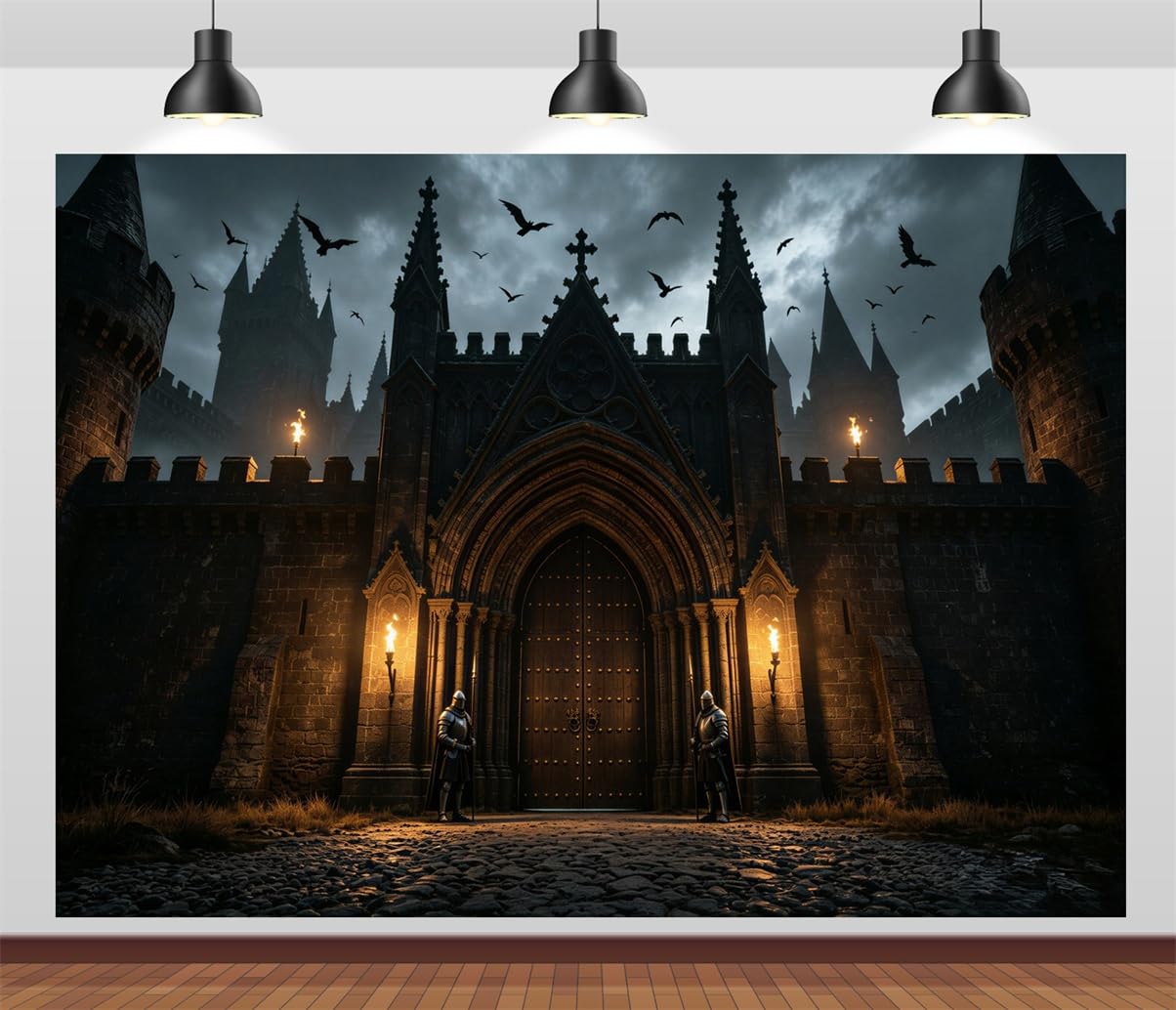 BELECO 3.6x3m Sfondo in tessuto Castello Medievale Infestato Gotico | Castello Spaventoso Oscuro Cavalieri Torce Pipistrelli Sfondo Festa Halloween Telo Di Sfondo