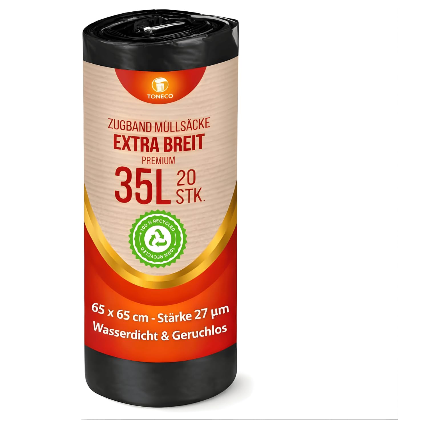 ZUGBAND MÜLLBEUTEL 35L - 500 Beutel - EXTRA BREIT - 100% recycelt - reißfest und wasserdicht (30/35L - 25 Rollen = 500 Beutel)