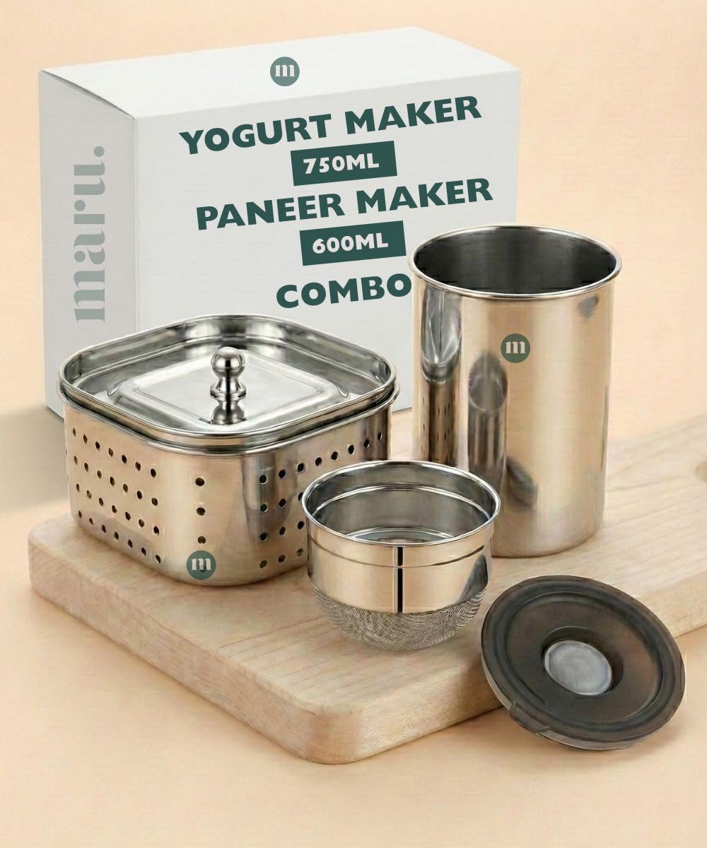Maru Stainless Steel Yogurt Maker 750ml & Paneer Maker 600ml Combo Set, Easy to Use Hung Curd Maker, Greek Yogurt & Fresh Paneer & Sprouts Making Strainer, Durable Dairy Straining Tools