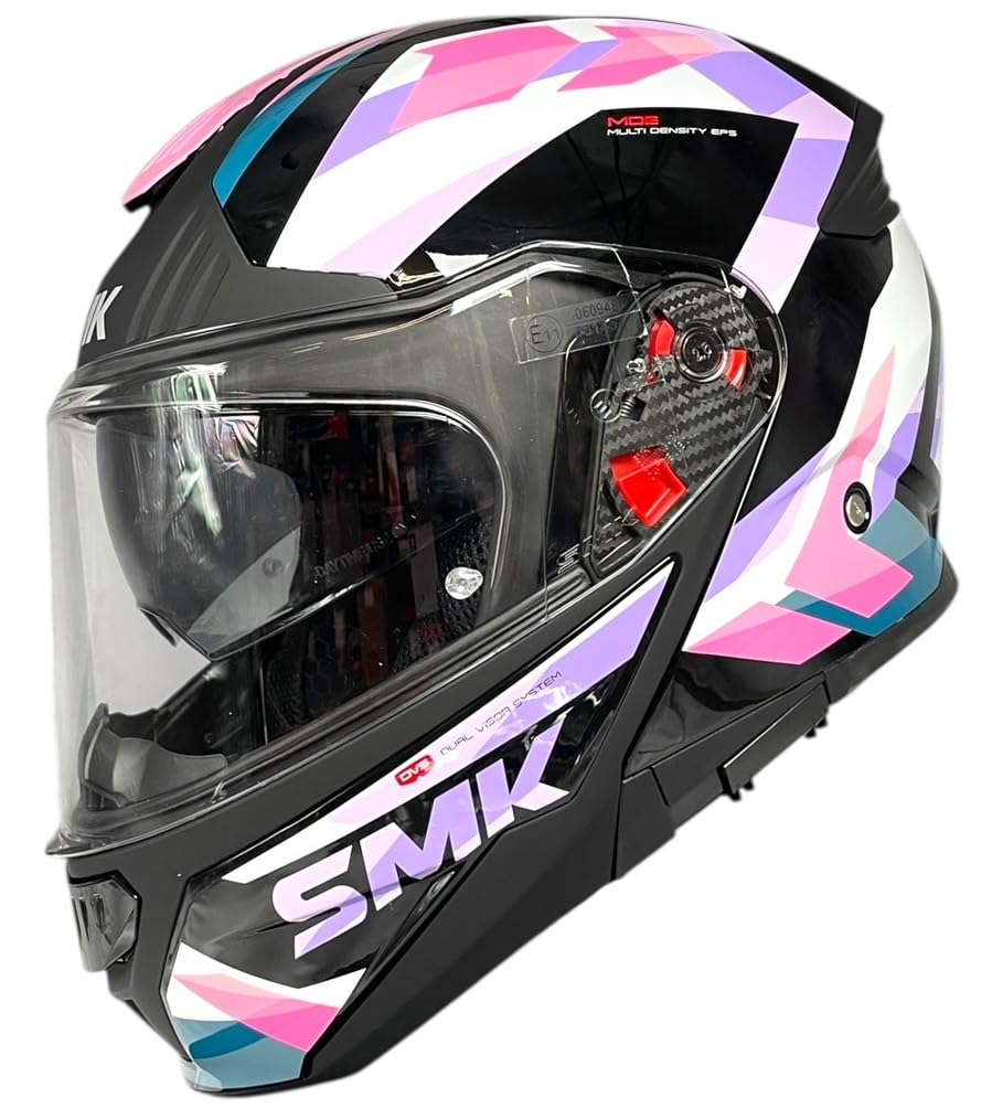 SMK Helmets Casco Modular GULLWING Charger Negro y Rosa Homologación 22.06 con Doble Visor P/J (XS 53/54)