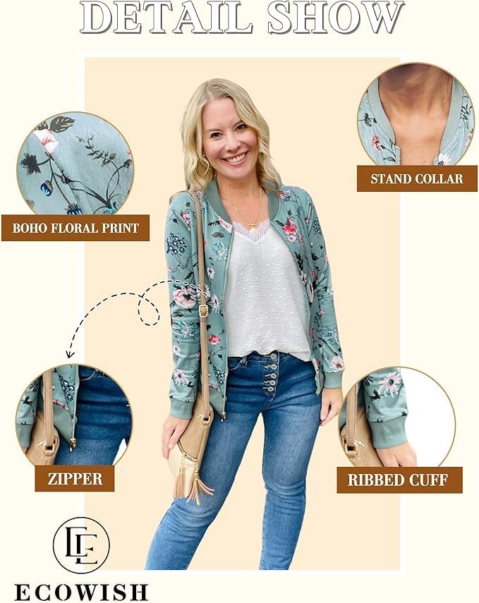 Miniatura 5 de ECOWISH - Chaqueta bomber casual con estilo floral y cierre para mujer, ligera, corta, diseño de camuflaje, sin forro, ropa exterior, rompevientos
