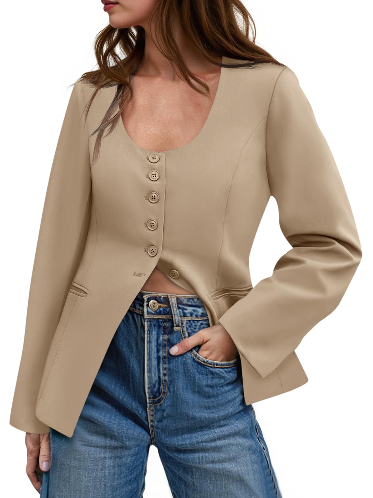 Cicy Bell Womens Business Work Casual Blazers Button Down Scoop Neck Split Hem Fitted Suit Jackets Khaki