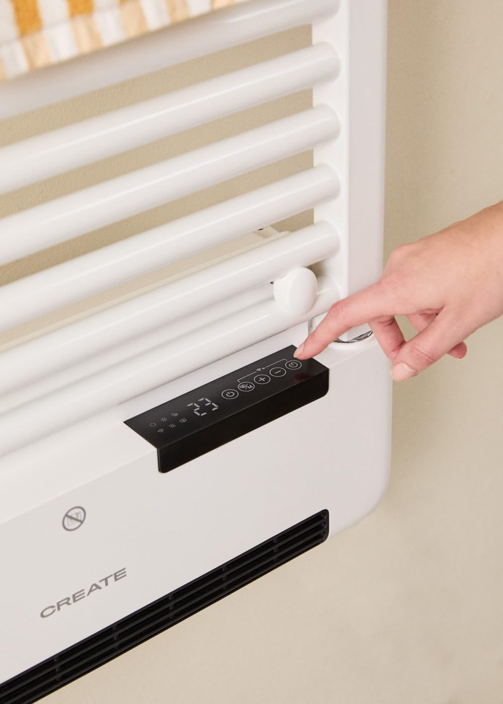 CREATE / Warm Towel Advance/Toallero eléctrico con Calefactor y WiFi Blanco / 51,5x11x115,5 cm/Control Desde la App, Pantalla LDC, 2 potencias, tecnología PTC, deteción Ventanas Abiertas, 1000W