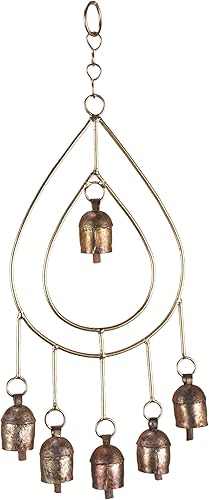 Miniatura 18 de Campanas de viento rústicas hechas a mano con 5 campanas de metal recubiertas de latón (30 pulgadas), campana colgante bohemia para patio al aire 5