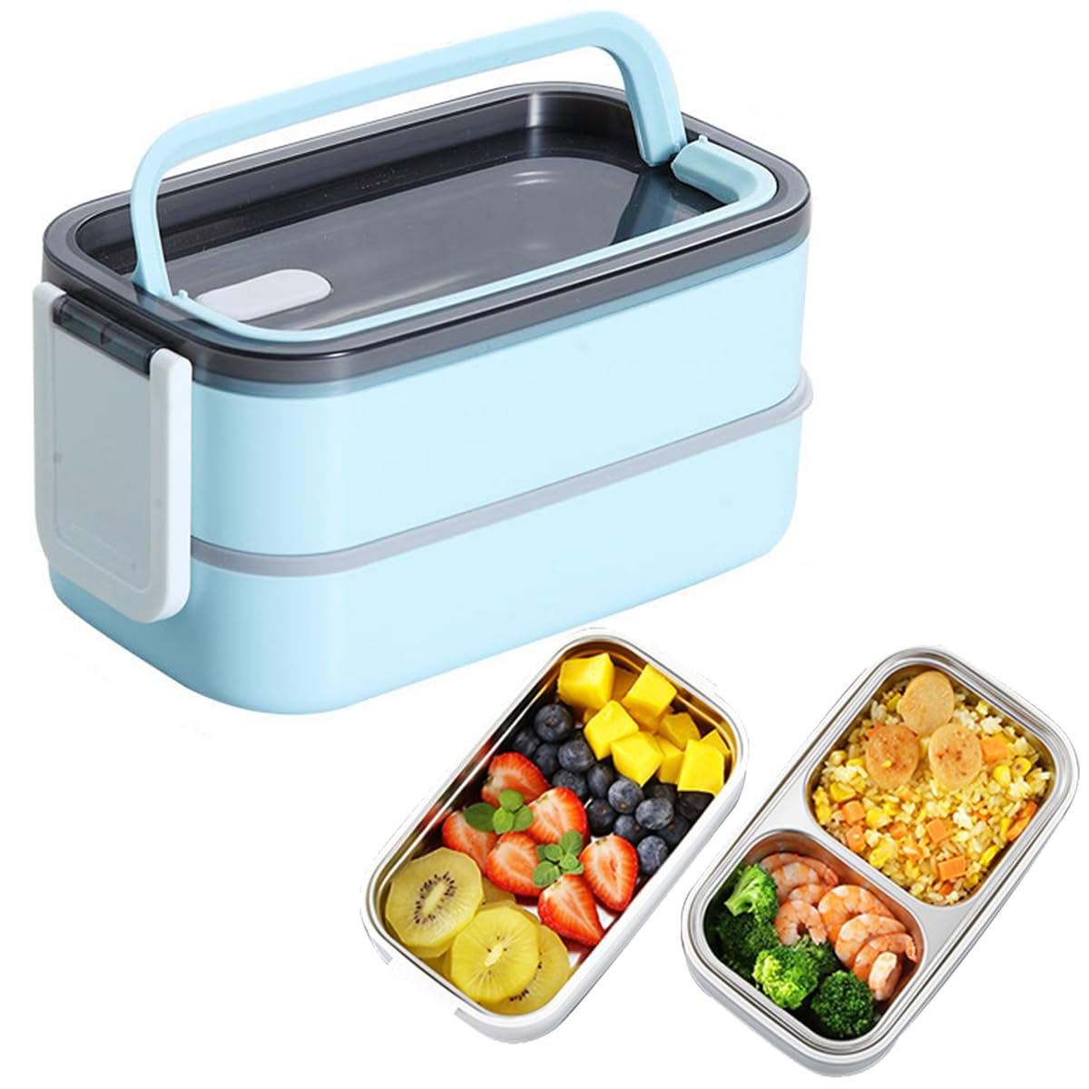 ECVV 2-Layer Leakproof Bento Box, Stainless Steel Food Meal Container, Large Lunch Box with Multi Compartment Lid Handle, Reusable Storage Box, Microwave Safe For School Office (Blue)