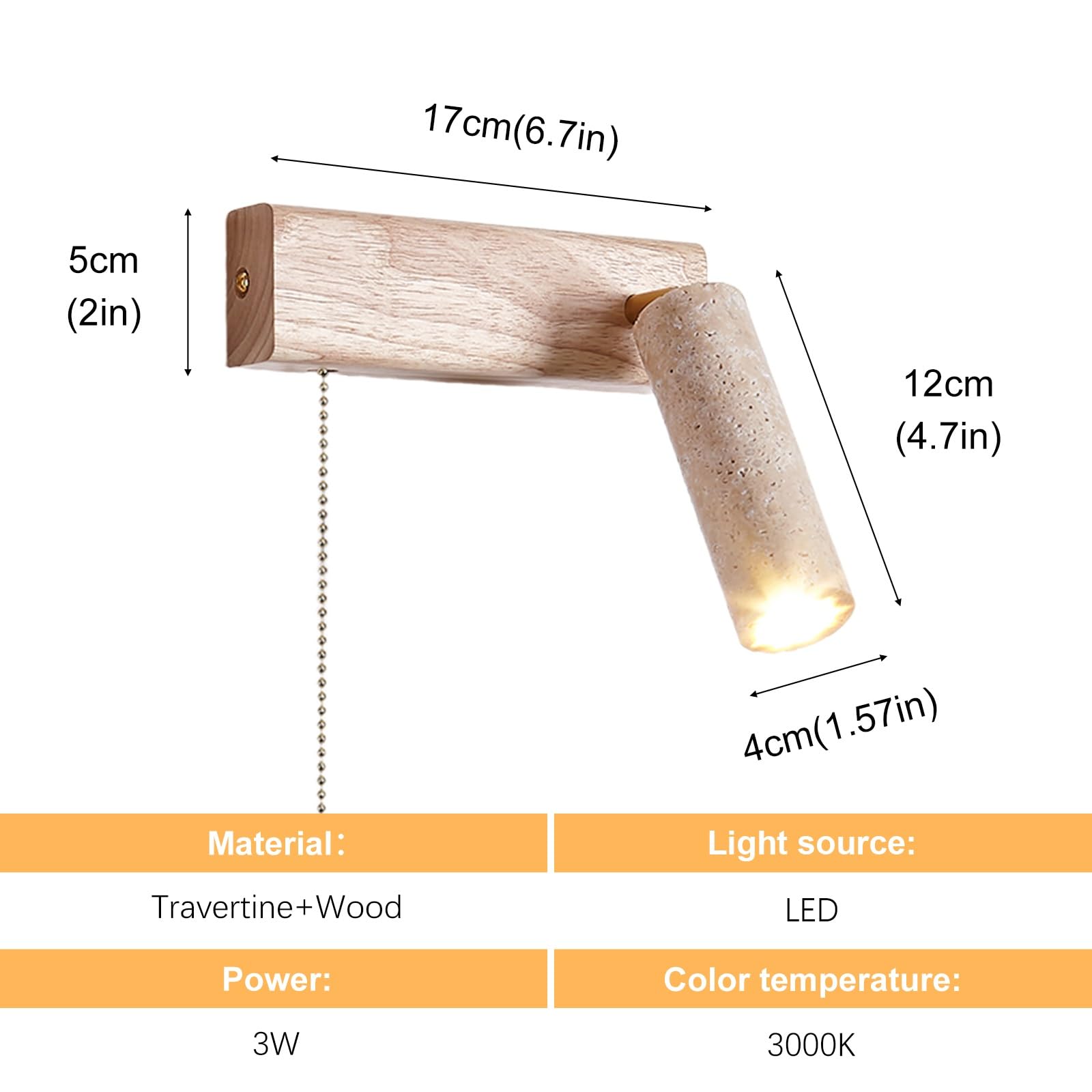 Nowoczesna lampa ścienna LED z kamienia, lampka nocna do czytania, żółty kinkiet z trawertynu z przełącznikiem pociąganym i drewnianą podstawą, regulowane(Walnut color,Left)