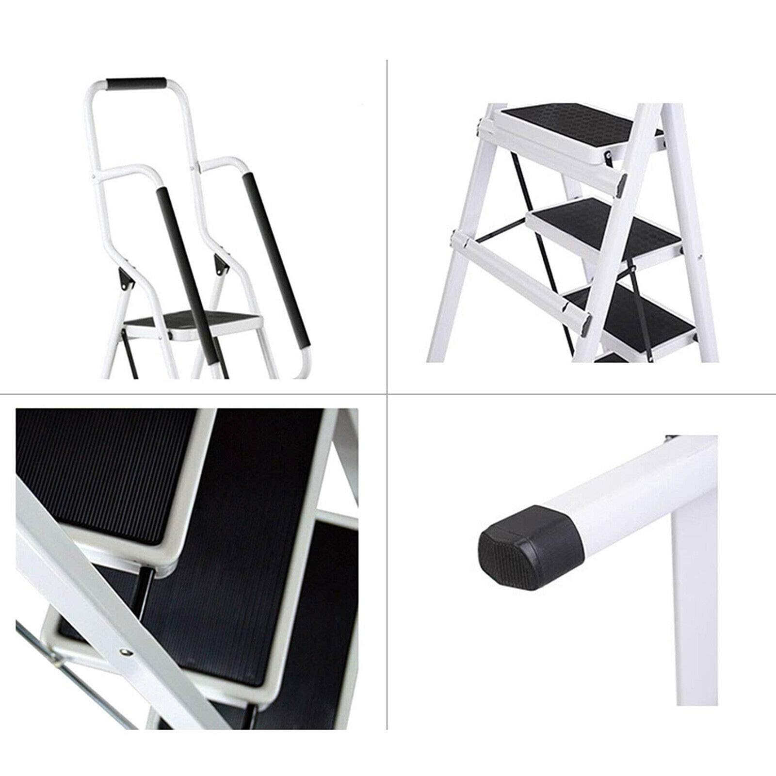 Trittleiter 3 Stufen klappbar,Klappleiter mit Haltegriff, Leiter mit Anti-Rutsch-Stufen, einfach zu verstauen, bis 150 kg belastbar, aus Stahl für Haushalt, Garten & DIY