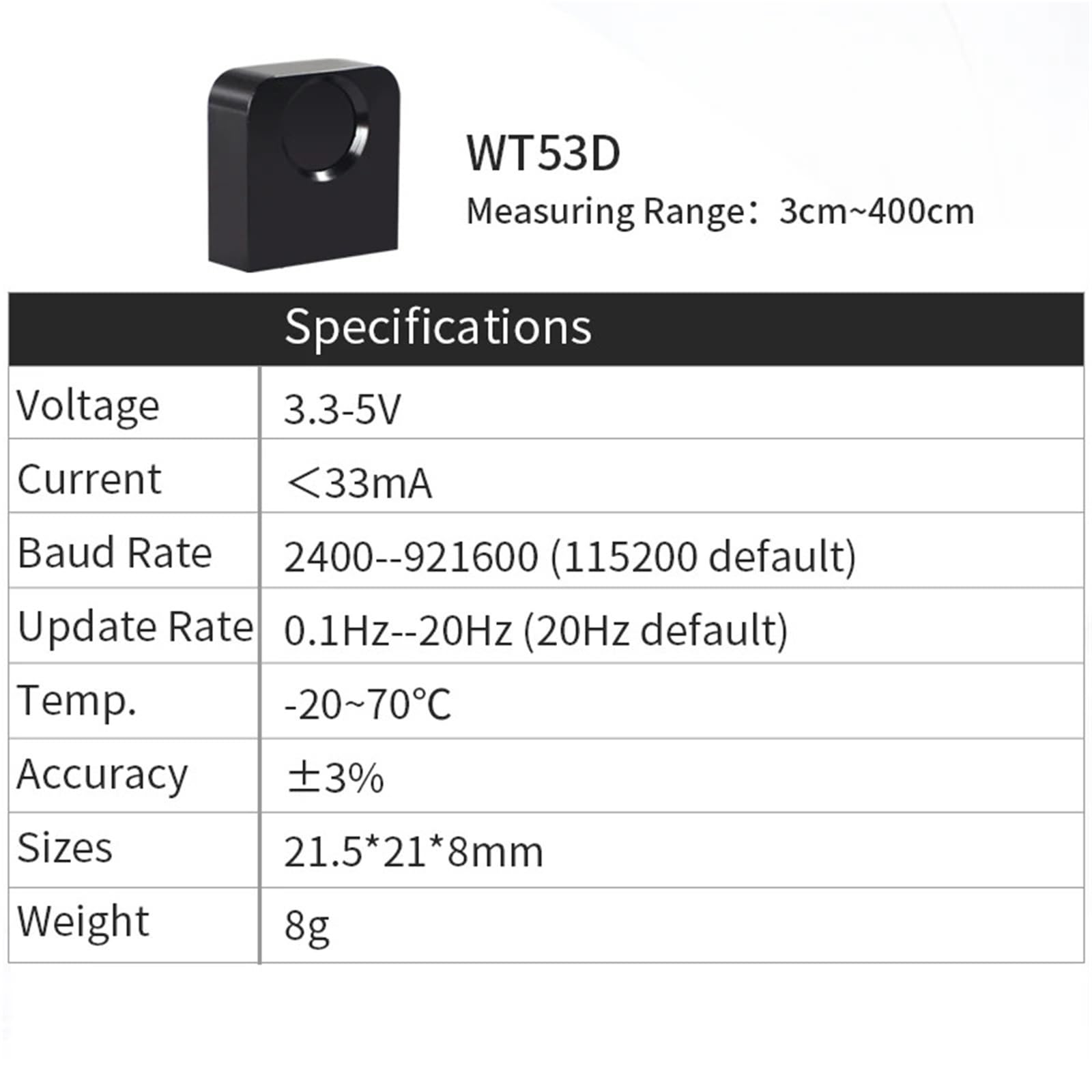 Capteur de télémétrie laser UART VL53-400 (4-400 cm), module de distance laser VL53L0 (3-200 cm), sortie de données TTL/IIC 100 Hz, 3,3-5 V(WT53D)