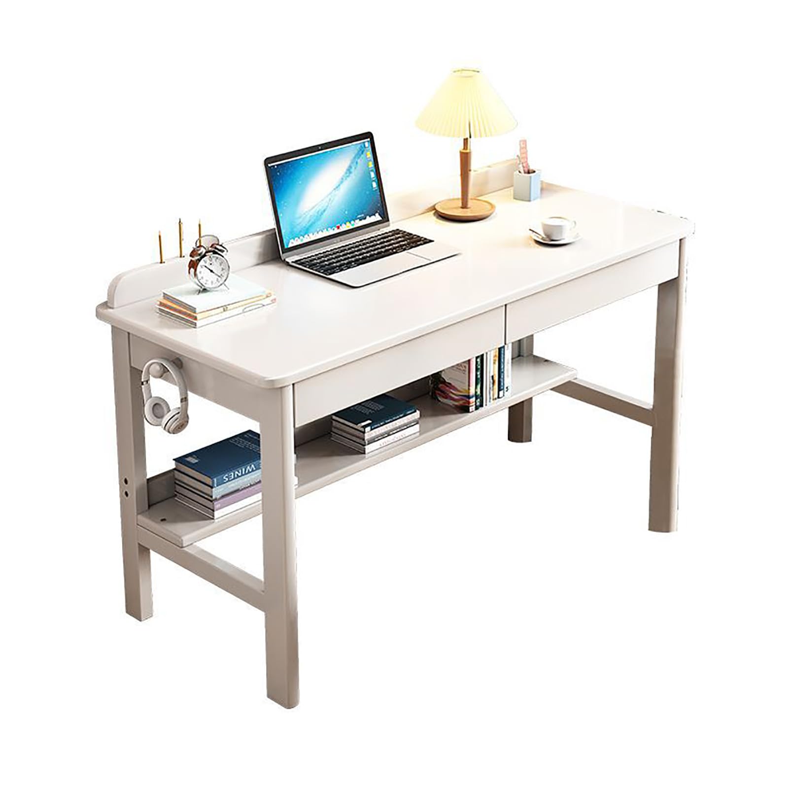 Bureau d'écriture en bois massif blanc 100x60cm avec tiroirs et étagère