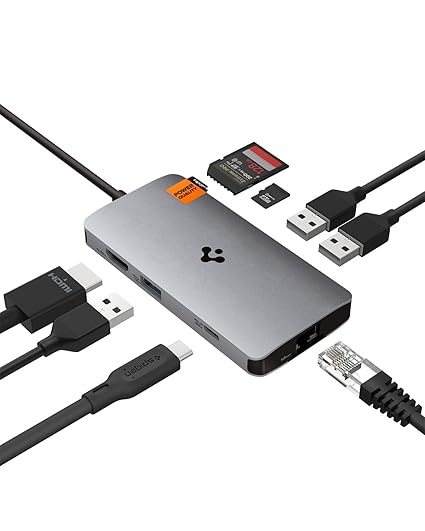 Spigen ArcDock USB C Hub, 8-in-1 100W PD 3.0 4K 60Hz HDMI Port 5Gbps USB C and 3 USB A Data Ports Ethernet Port microSD/SD Card Reader for MacBook Pro Air M1 M2 Steam Deck Dell XPS