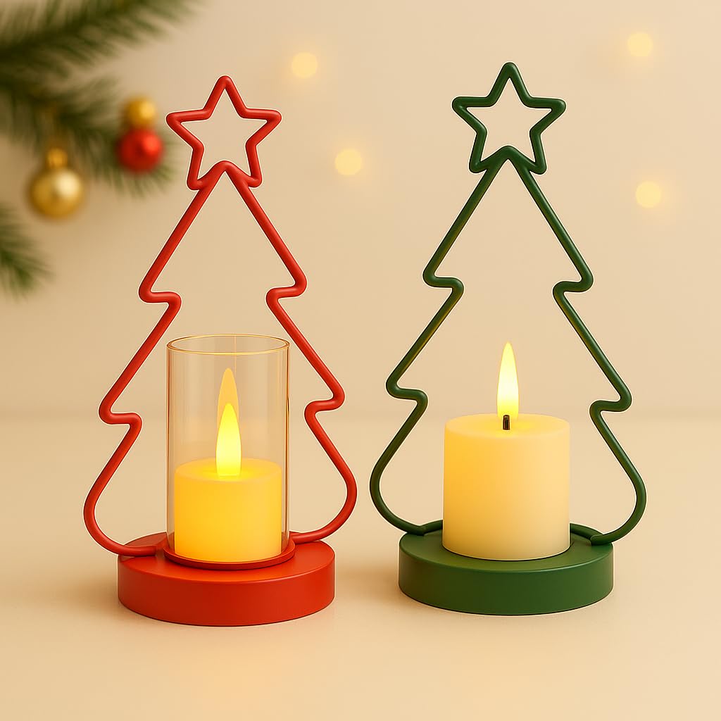 CORAL TREE Set of 2 LED Christmas Tree Candle Holders – Red & Green Festive Lights-image-33