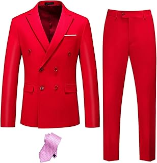 YND Men's Slim Fit 2 Piece Suit, Double Breasted Solid Jacket Pants Set with Tie