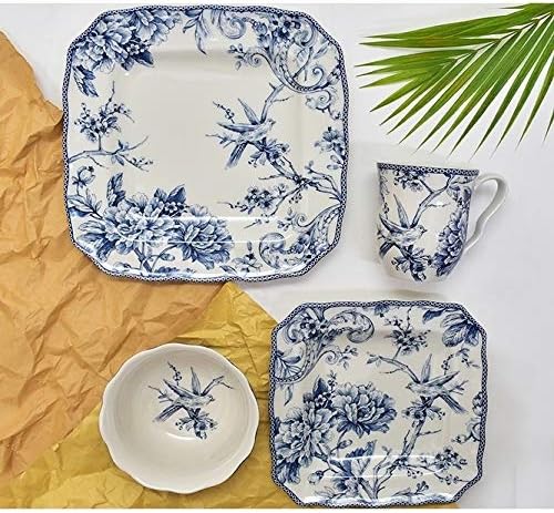 Misc Blue 16-Piece Dinnerware Set Service for 4 White Floral Porcelain 16 Piece Dishwasher Safe Microwave