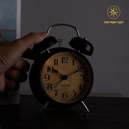 Miniatura 5 de Reloj despertador de campana doble de 4 pulgadas con luz nocturna - Despertador de escritorio y dormitorio (negro)
