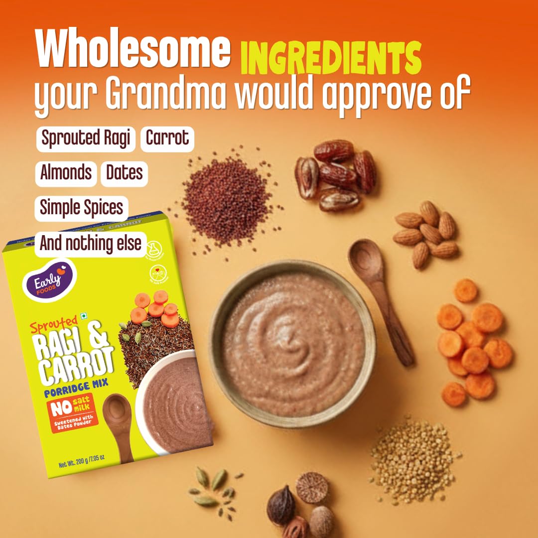 Early Foods - No Added Sugar No Salt Porridge - Sprouted Ragi Cereal with Carrots | No Preservatives | Ragi Malt for Kids | No Milk Powder 200g 2