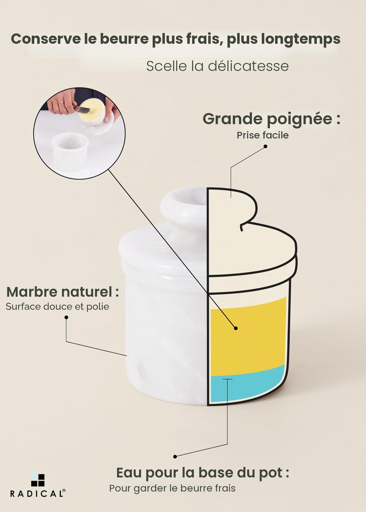 Radicaln Pot à beurre en marbre 10,8 cm, blanc fait à la main pour comptoir de cuisine, pot à beurre idéal pour comptoir avec eau et beurre pour la cuisine