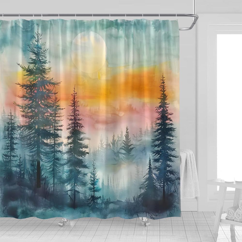 Watercolor Misty Forest Shower Curtain Abstract Foggy Jungle Pine Woods Tree Mountain Sunset Natural Scenery Landscape Fabric Bathroom Decor Curtains with Hooks,70 x 90