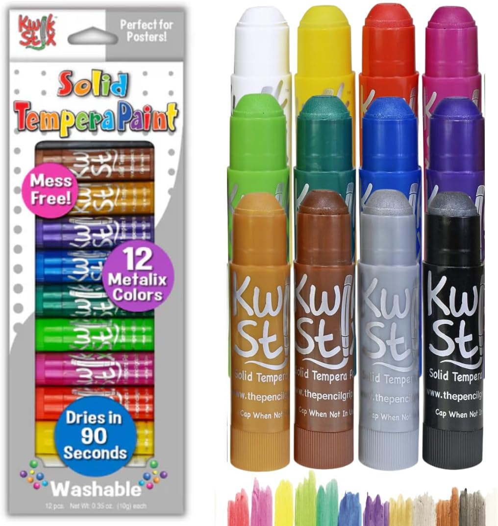 Kwik Stix Solid Tempera Paint Sticks, 12 Metallic Colors, Washable Paint Sticks for Kids, Super Quick Drying, Non-Toxic, Allergen Free, Paint Sticks in Metallic Colors, Paint for Kids and Toddlers