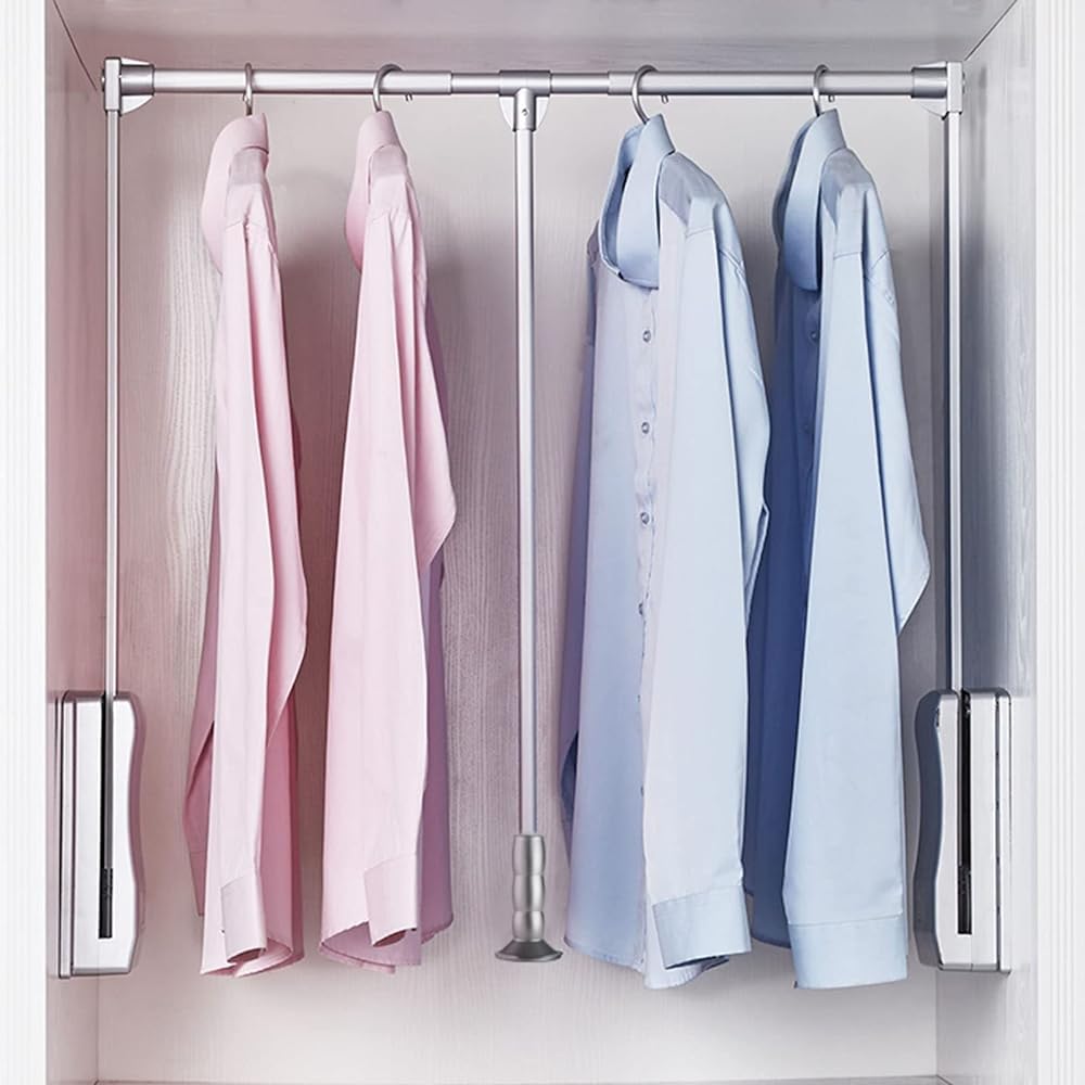 Riel para Colgar Ropa de Armario con elevación Extensible, Ancho Ajustable 830-1150 mm (Largo), Barra para Colgar Ropa con riel Elevador para Armario