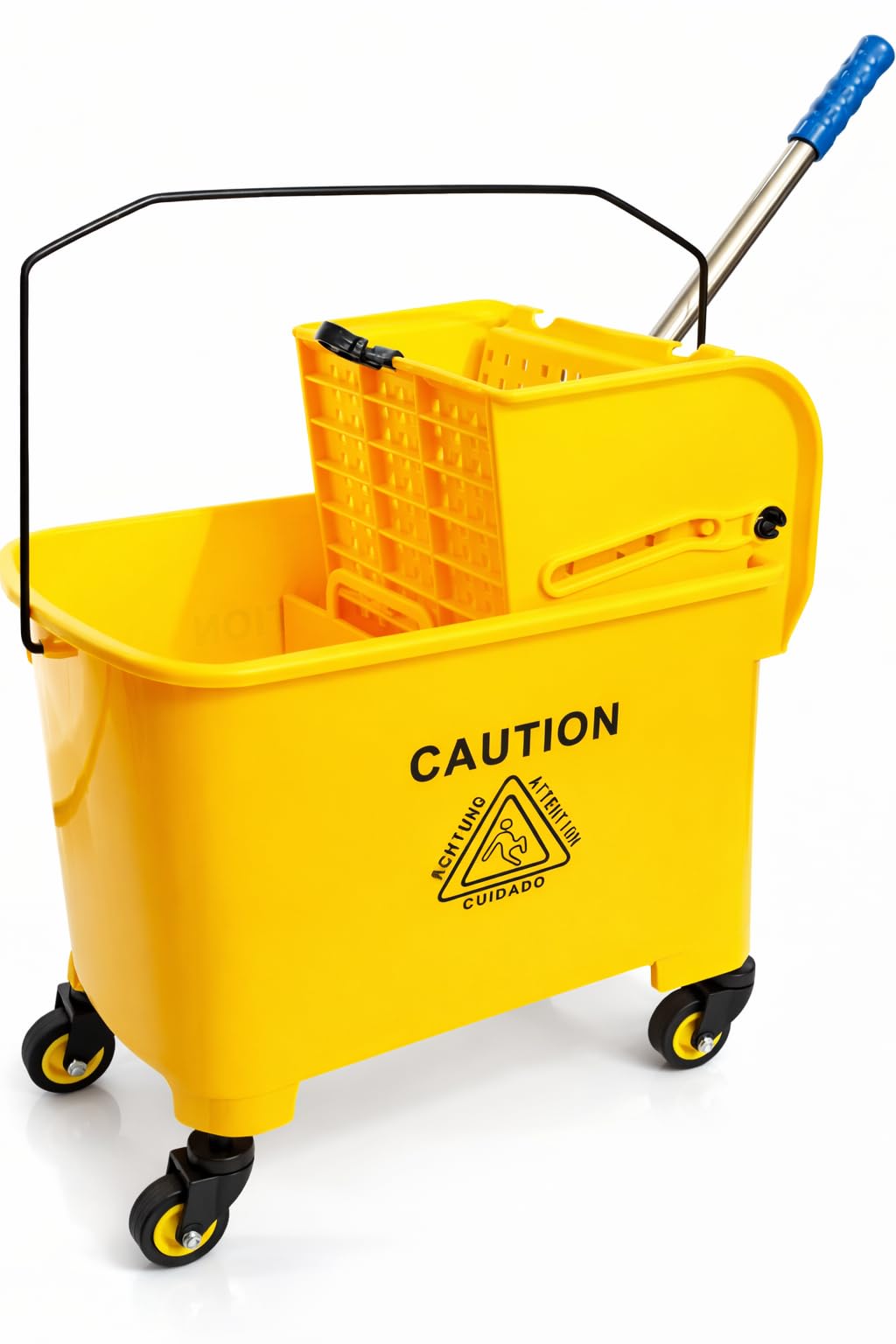 Berry Seau à franges Kentucky avec essoreuse | Seau à franges sur roulettes avec poignée | Chariot essoreuse jaune avec panneau d'avertissement pour sol humide pour le nettoyage dans les restaurants