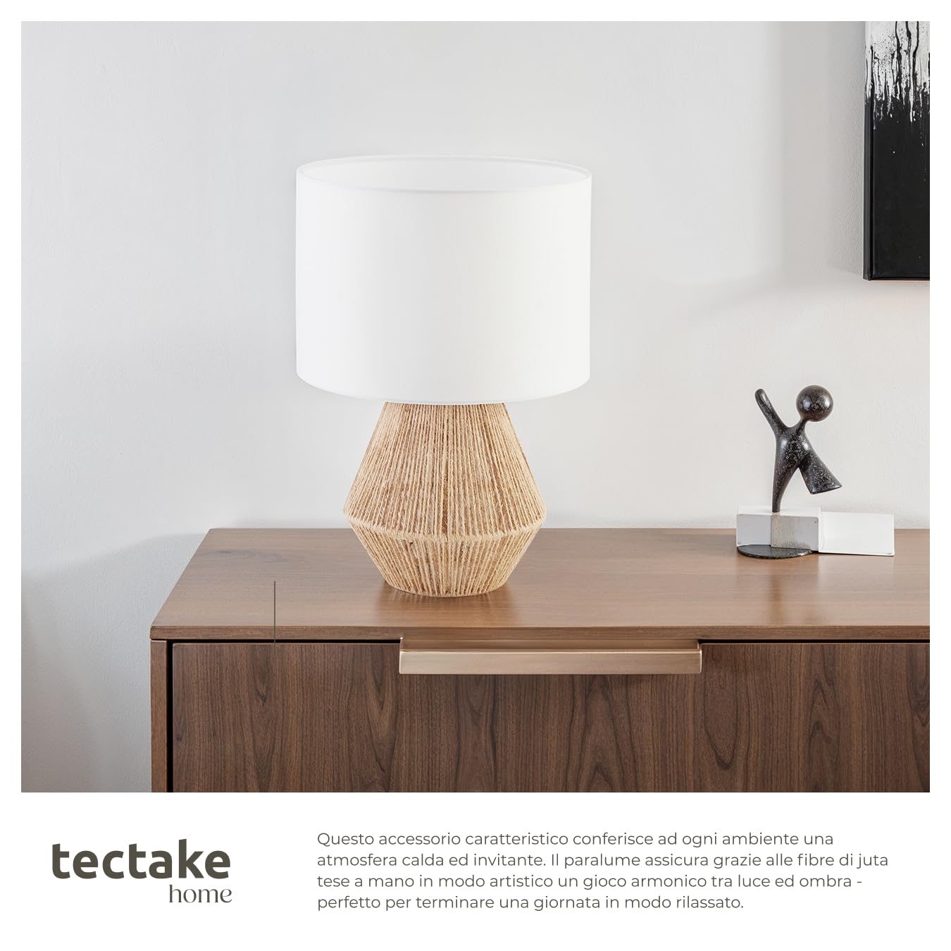 tectake® Lampada Da Tavolo, Lampada Da Scrivania, Lampade da Comodino In Juta, Abat Jour con accenti Luminosi Stile Boho, 60W, E27, Paralume Struttura in Acciaio, Base In Cemento - Ø 32 x 45 cm