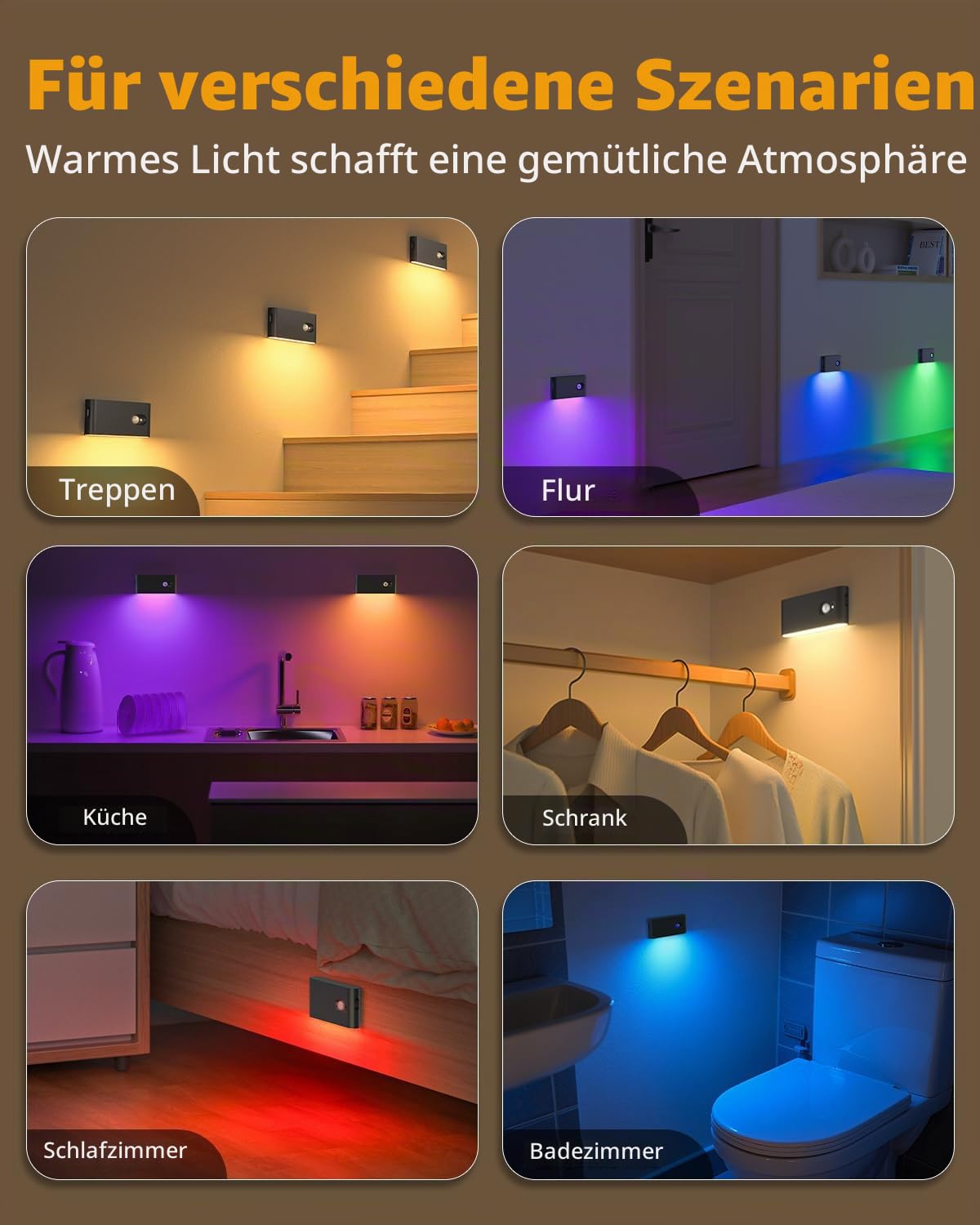 WILLED RGB & Warmweiß Led Nachtlicht mit Bewegungsmelder Akku, 8 Stück USB lampe mit bewegungsmelder innen, Treppenlicht mit 3 Modi, Treppenbeleuchtung für Treppe,Flur,Schlafzimmer,Küche,Badezimmer