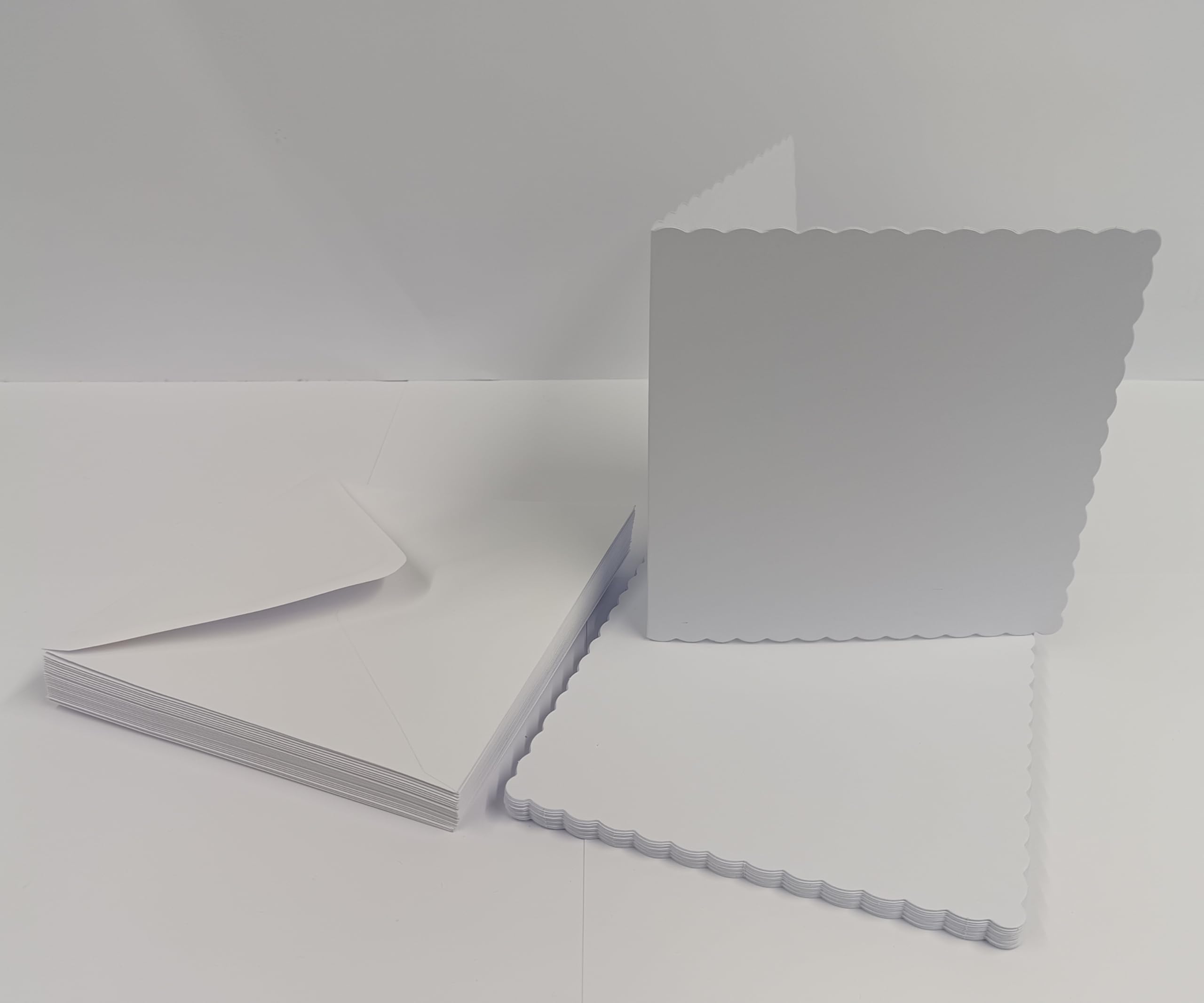 Stella Crafts 25 Pack 8" x 8" Pre-Creased Scalloped White Blank Cards (300gsm) & Envelopes (100gsm) – Premium Quality for Card Making & Crafting