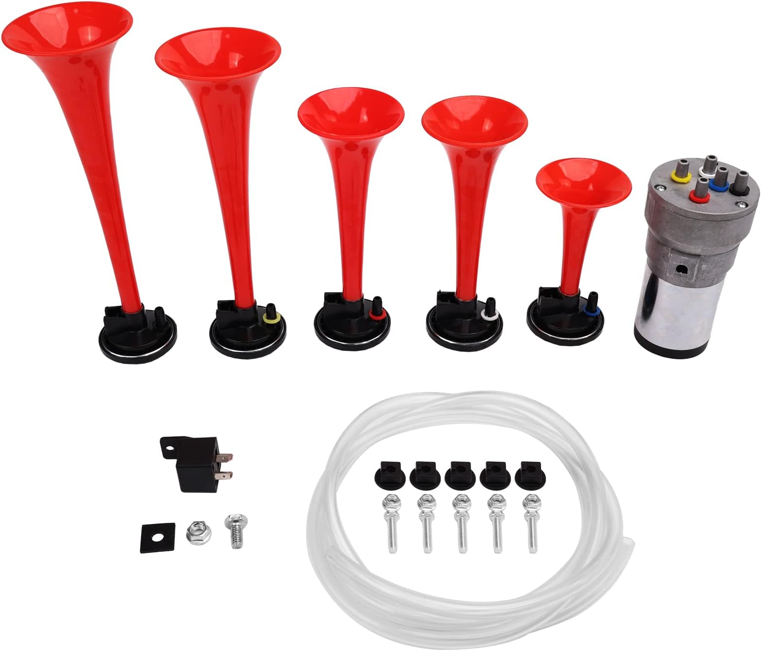 Air Horns La Cucaracha Musical Horn 5 Trumpet Music Sound Air Horn with Compressor Play Lacucaracha Melody Red 12V 150db for Train Truck Car Boat RV UTV Motorcycle (LACUKARACHA Musical Horns)