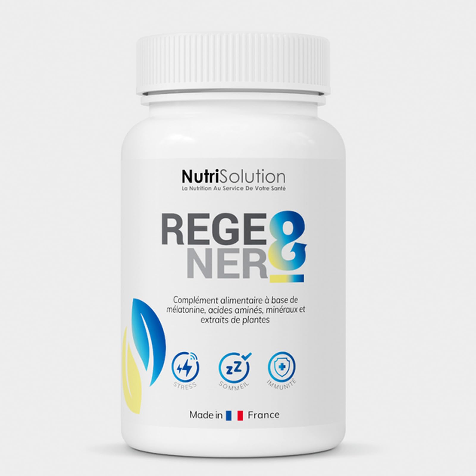 Nutrisolution - Regener8 - Complément Alimentaire Anti-Âge pour Lutter contre le Stress et Favoriser Sommeil & Immunité - Mélatonine, Acides Aminés, Extraits de Plantes - Made in France - 90 gélules