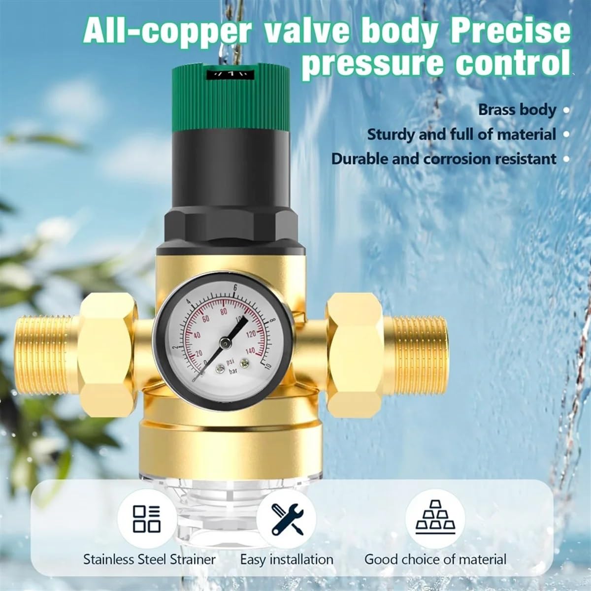 manómetro para Regulador De Presión De Agua De 3/4 Pulgada, Regulador De Presión De Agua Con Manómetro De Agua Y Filtro De Malla Regulador de presión