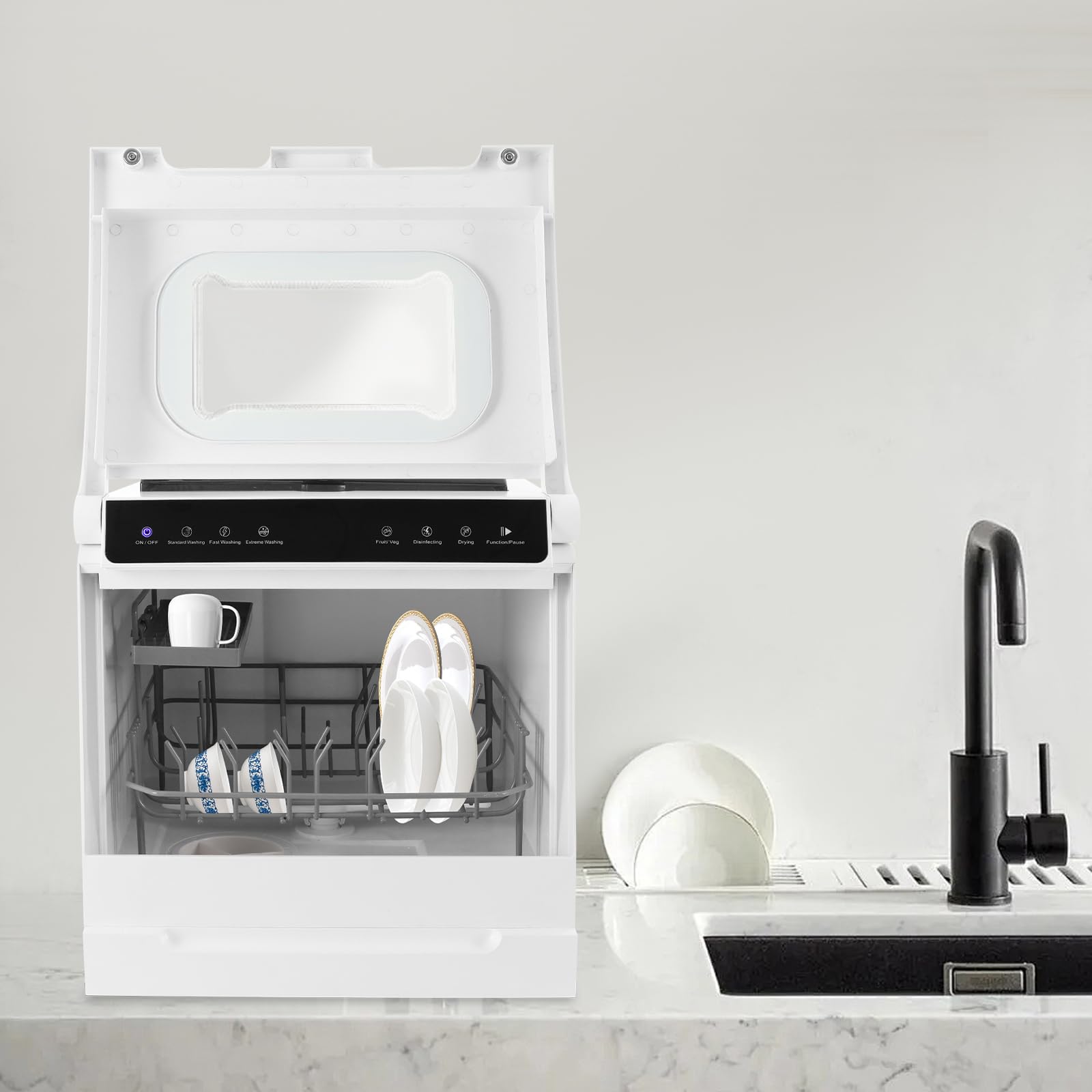 Lavastoviglie da tavolo 1100W con 5 programmi e asciugatura ad aria calda, per 4-6 persone, 72h di conservazione, pannello di controllo touch, finestra, silenzioso 52dB, per appartamento, camper
