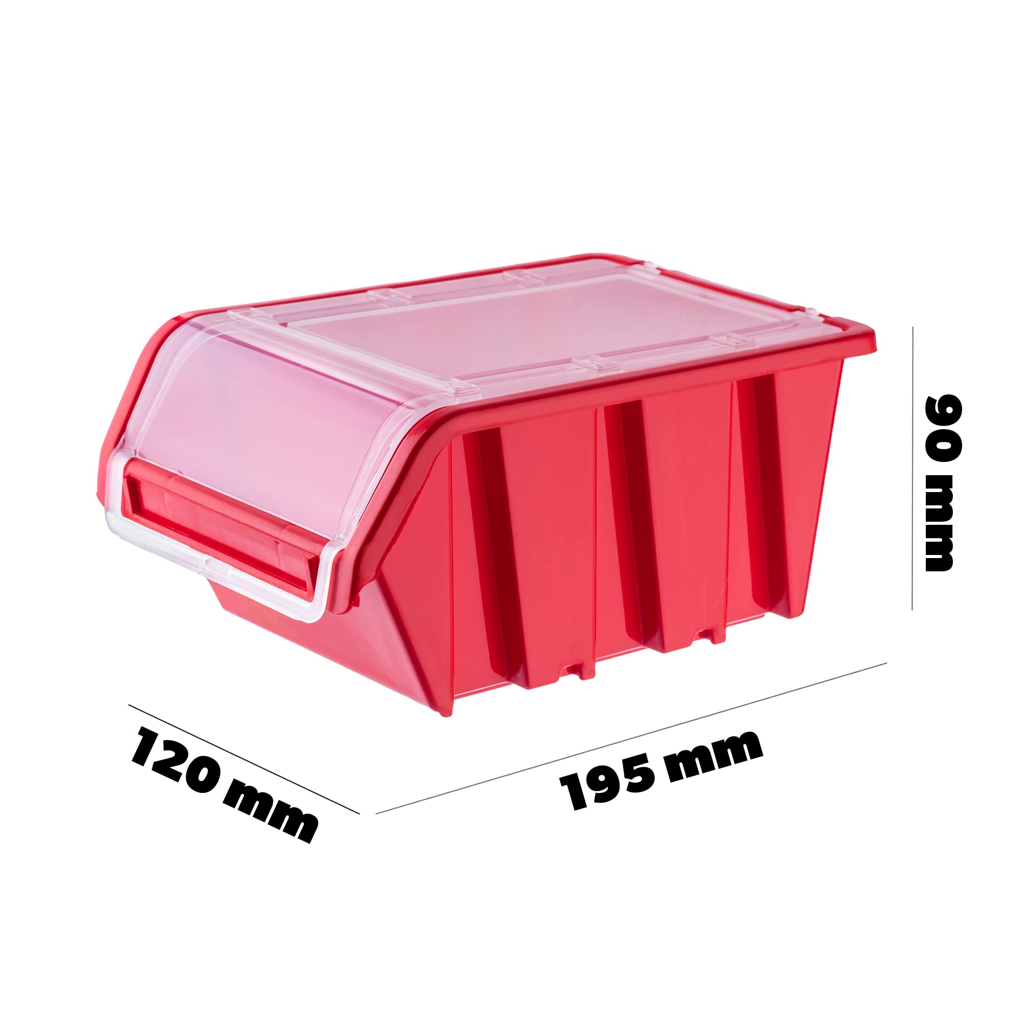 KADAX Caja apilable con tapa, caja de almacenamiento de plástico PP, en diferentes tamaños y colores, cajas de almacenamiento con solapa para pared de herramientas (rojo, 20 unidades - 195 x 120 mm)