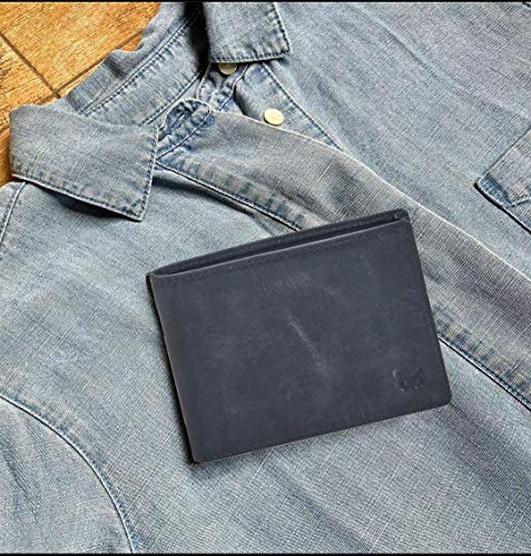 Image of Real Leather Mens Bifold Wallet RFID Blocking Slim Minimalist Front Pocket - Thin & Stylish with ID Window in Gift Box, Crazy Horse Navy, 4 inch x 3.25 inch x 0.75 inch, Minimalist
