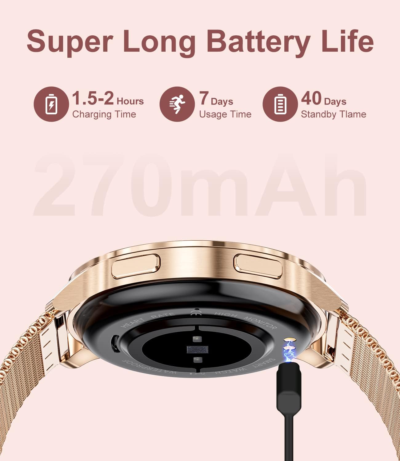 Diagram illustrating the charging time, usage time, and standby time of the LIGE Smart Watch, showing 1.5-2 hours charging, 7 days usage, and 40 days standby.
